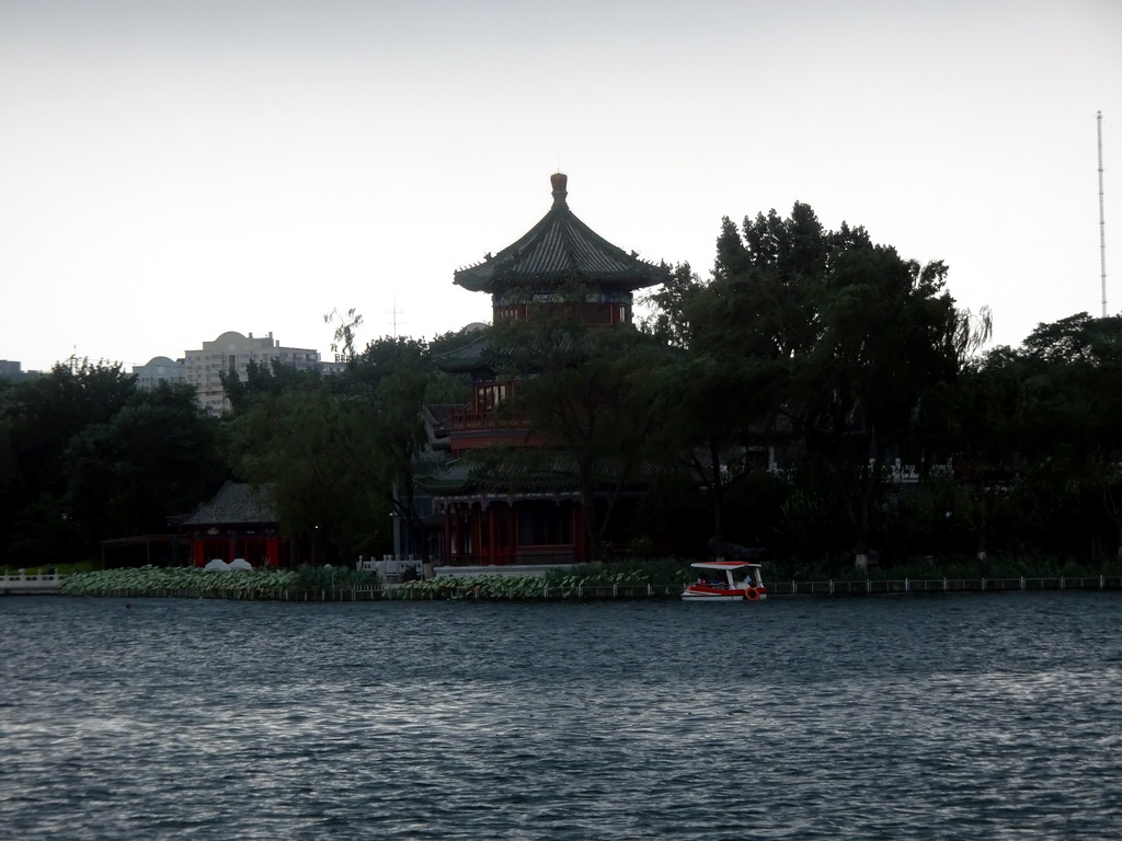Houhai Lake and the pavilion at the Houhai Beiyan street, viewed from the Houhai Nanyan street