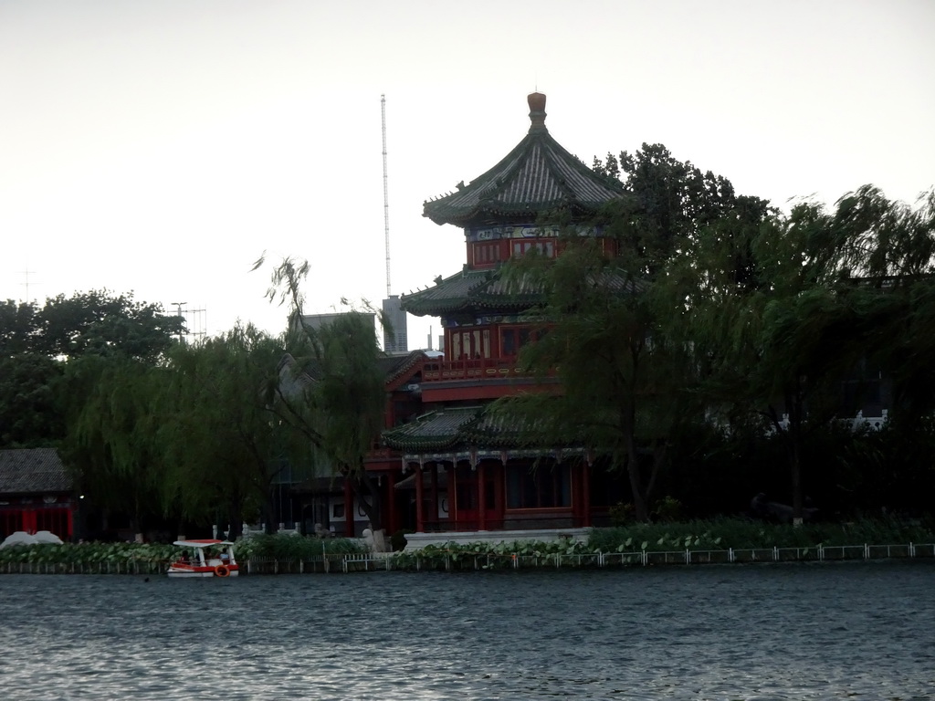 Houhai Lake and the pavilion at the Houhai Beiyan street, viewed from the Houhai Nanyan street