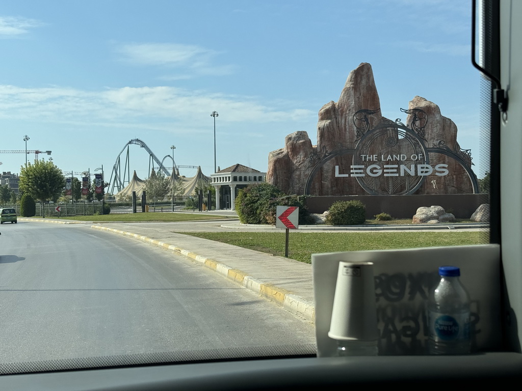 Land of Legends sign at the north side of the Land of Legends theme park, viewed from the bus on the Atatürk Caddesi street