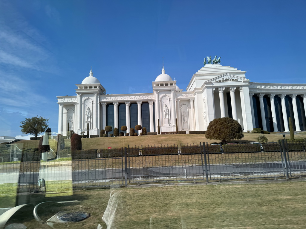 Southeast side of the Kingdom Hotel at the Shopping Avenue area of the Land of Legends theme park at the Atatürk Caddesi street, viewed from the bus