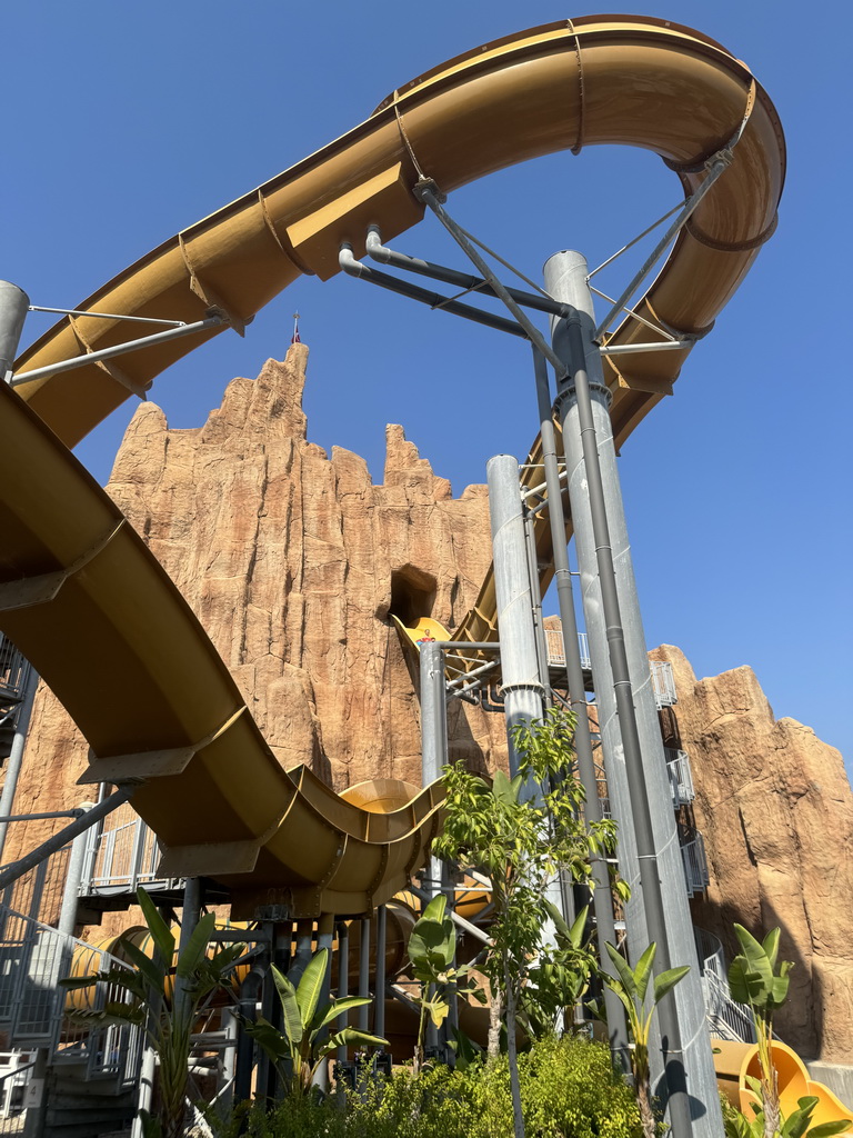 Miaomiao and Max in a tube at the top of the Tower Falls attraction at the Aqua Land area of the Land of Legends theme park