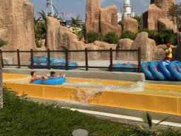 Miaomiao and Max in a tube at the bottom of the Tower Falls attraction at the Aqua Land area of the Land of Legends theme park