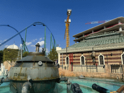 The main building of the Watermania attraction and the Hyper Coaster attraction at the Adventure Land area of the Land of Legends theme park, viewed from a boat