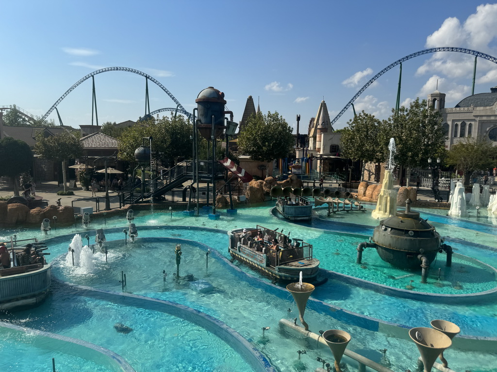 The Watermania and the Hyper Coaster attractions at the Adventure Land area of the Land of Legends theme park, viewed from a bridge