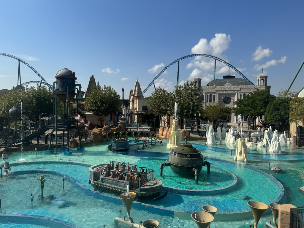 The Watermania and the Hyper Coaster attractions at the Adventure Land area of the Land of Legends theme park, viewed from a bridge