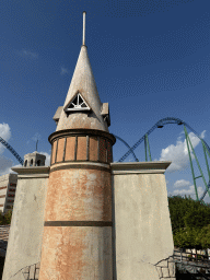 Tower and the Hyper Coaster attraction at the Adventure Land area of the Land of Legends theme park, viewed from the Flying Carpet attraction