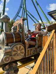 Miaomiao and Max at the Zippy Zappy Coaster attraction at the Masha and the Bear Land of Laughter area of the Land of Legends theme park