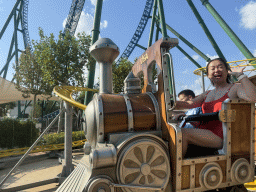 Miaomiao and Max at the Zippy Zappy Coaster attraction at the Masha and the Bear Land of Laughter area of the Land of Legends theme park