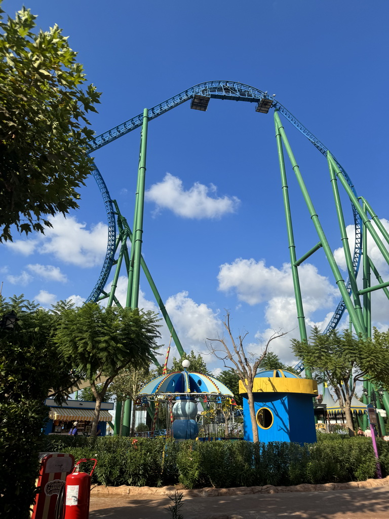The Hyper Coaster attraction at the Adventure Land area of the Land of Legends theme park, viewed from the Masha and the Bear Land of Laughter area
