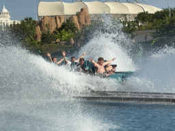 Miaomiao at the end of the Typhoon Coaster attraction at the Adventure Land area of the Land of Legends theme park