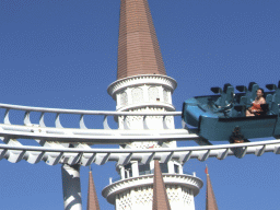 Miaomiao at the middle section of the Typhoon Coaster attraction at the Adventure Land area of the Land of Legends theme park