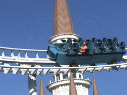 Miaomiao at the middle section of the Typhoon Coaster attraction at the Adventure Land area of the Land of Legends theme park