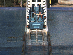 Miaomiao at the end of the Typhoon Coaster attraction at the Adventure Land area of the Land of Legends theme park