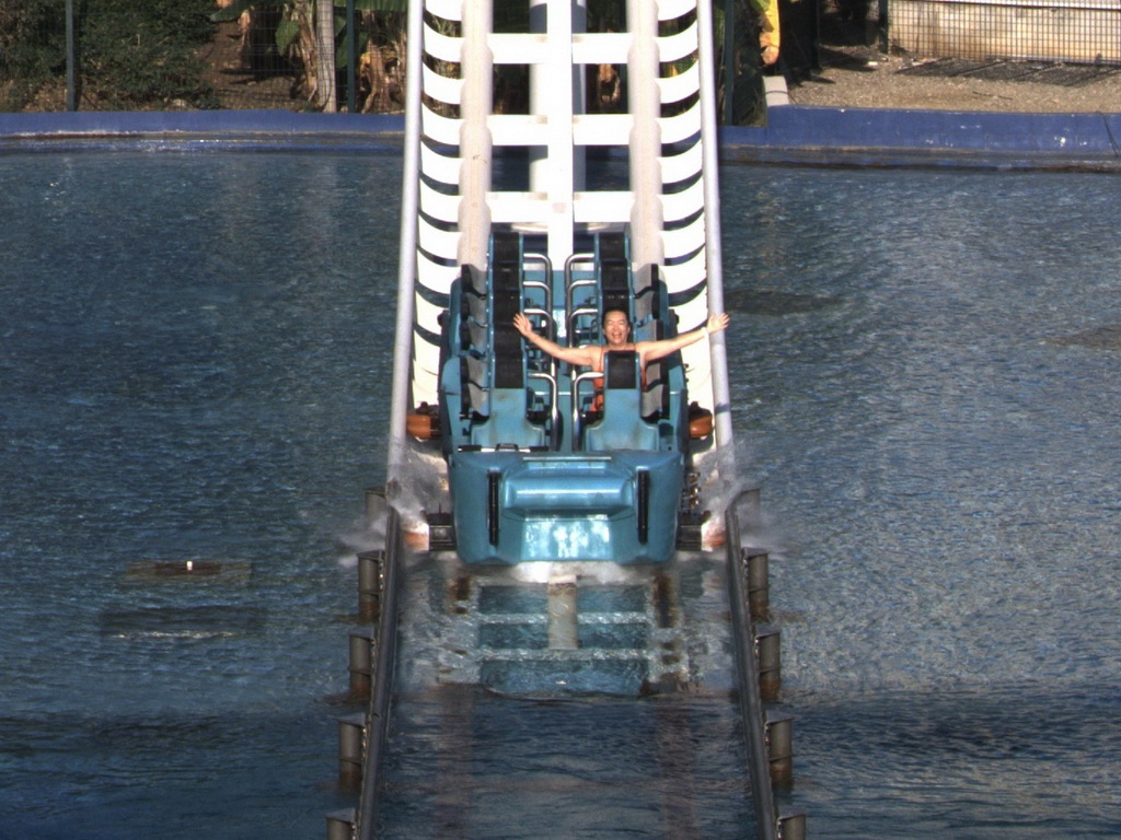 Miaomiao at the end of the Typhoon Coaster attraction at the Adventure Land area of the Land of Legends theme park