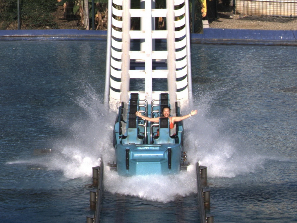 Miaomiao at the end of the Typhoon Coaster attraction at the Adventure Land area of the Land of Legends theme park