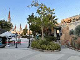 Front of the Snackdot restaurant at the exit of the Aqua Land area and the Chateau at the Shopping Avenue area of the Land of Legends theme park