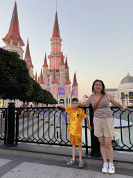 Miaomiao and Max in front of the Chateau at the Shopping Avenue area of the Land of Legends theme park