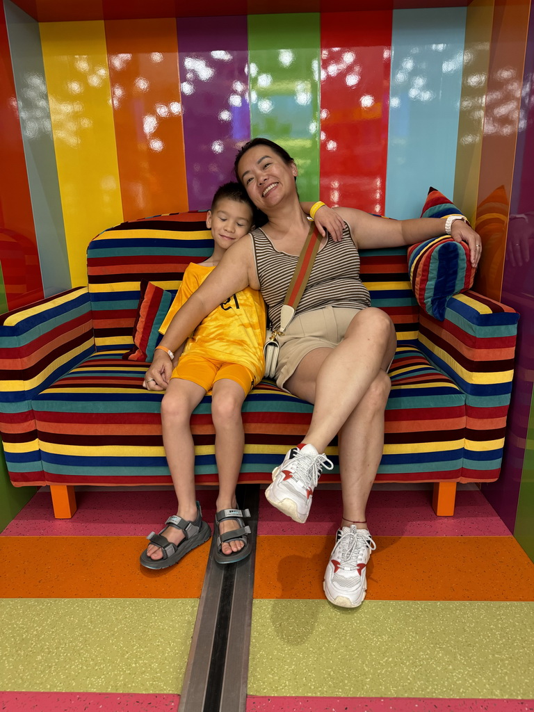 Miaomiao and Max on a sofa at the Candy Candy store at the Shopping Avenue area of the Land of Legends theme park