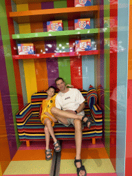 Tim and Max on a sofa at the Candy Candy store at the Shopping Avenue area of the Land of Legends theme park