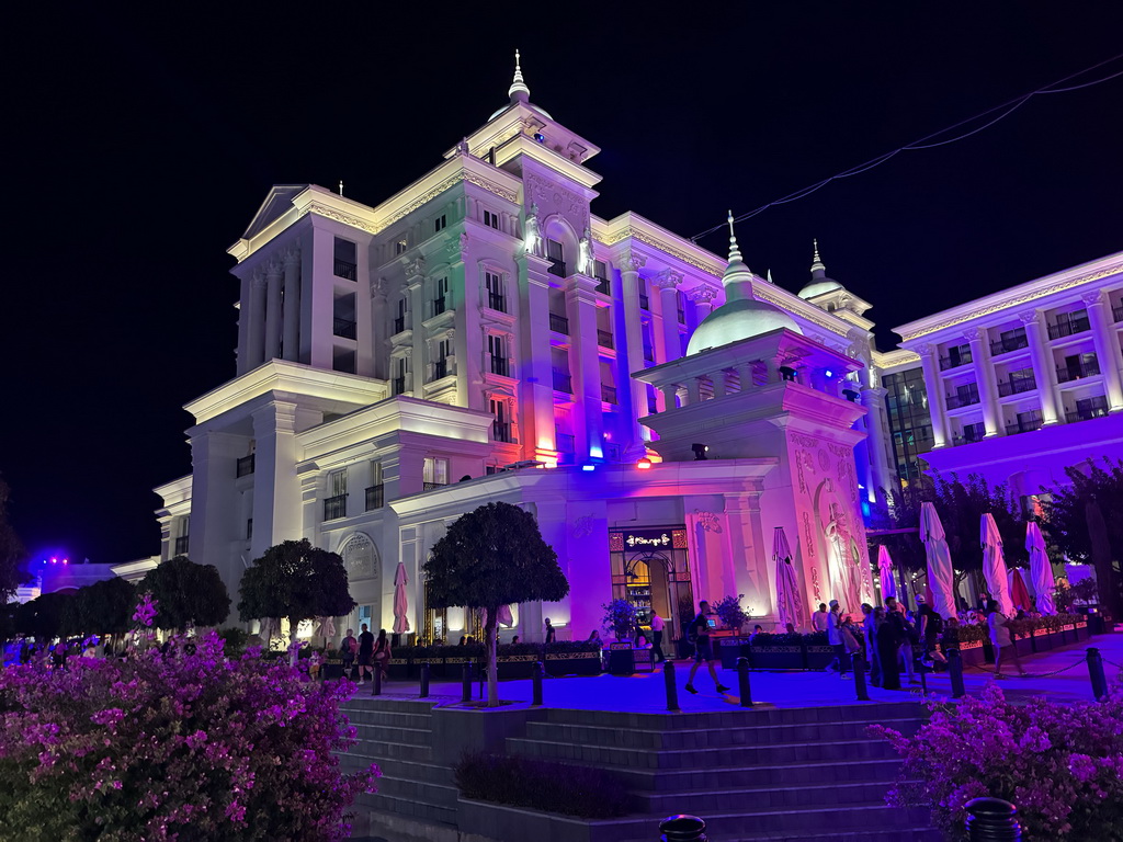 Left front of the Kingdom Hotel at the Shopping Avenue area of the Land of Legends theme park, by night