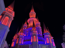 Facade of the Chateau at the Shopping Avenue area of the Land of Legends theme park, by night