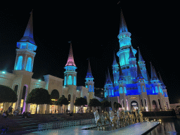 Horse statues in front of the Chateau at the Shopping Avenue area of the Land of Legends theme park, just before the Musical Boat Parade, by night