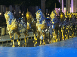 Horse statues in front of the Chateau at the Shopping Avenue area of the Land of Legends theme park, just before the Musical Boat Parade, by night