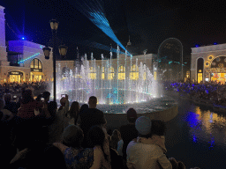 Light show at the Chimera Fountain at the Shopping Avenue area of the Land of Legends theme park, during the Musical Boat Parade, by night