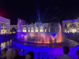 Light show at the Chimera Fountain at the Shopping Avenue area of the Land of Legends theme park, during the Musical Boat Parade, by night