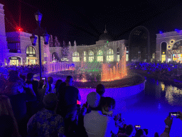 Light show at the Chimera Fountain at the Shopping Avenue area of the Land of Legends theme park, during the Musical Boat Parade, by night