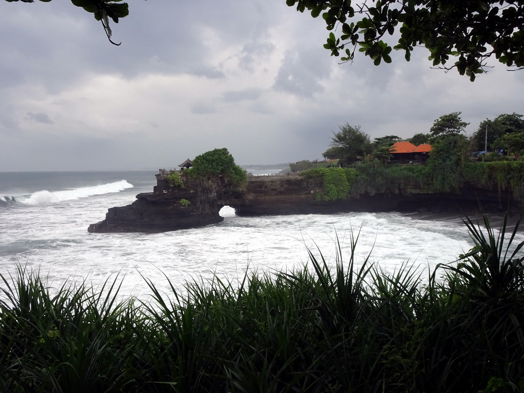 The Pura Batu Bolong temple and surroundings, viewed from the gardens of the Pura Tanah Lot temple complex