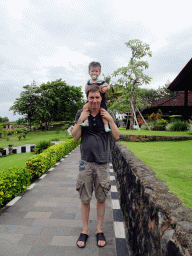 Tim and Max in the gardens of the Pura Tanah Lot temple complex