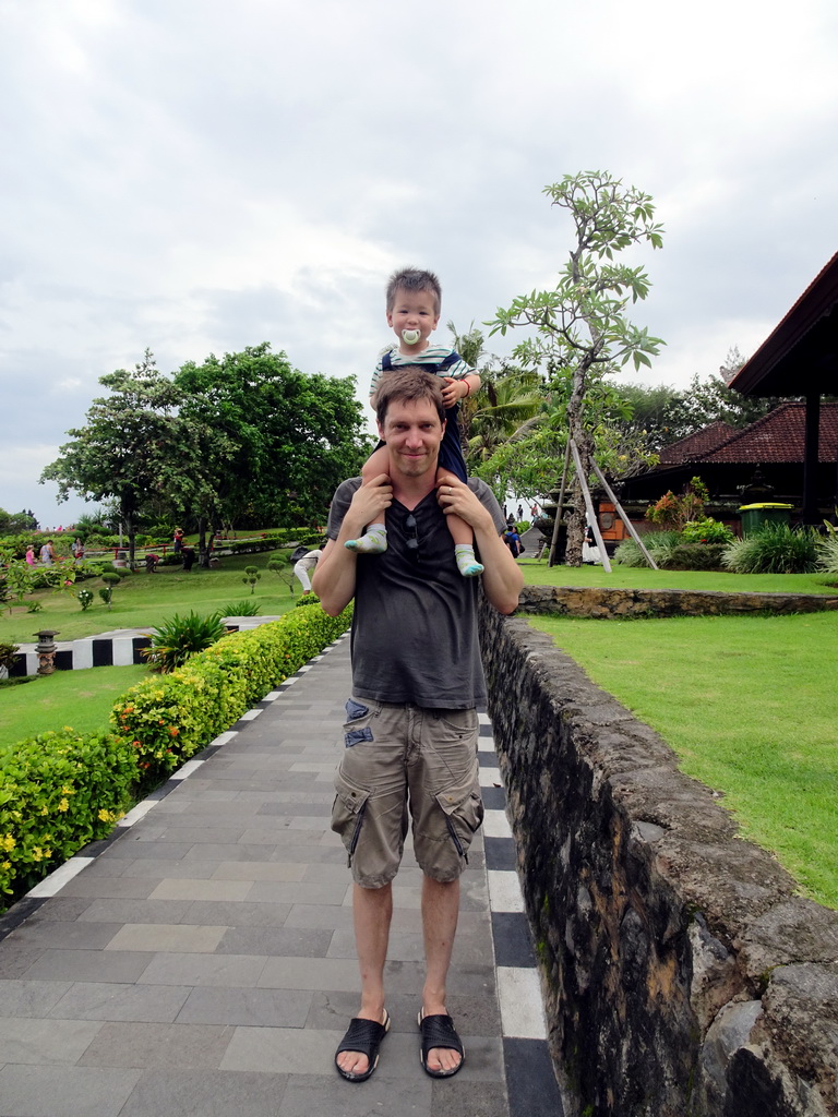 Tim and Max in the gardens of the Pura Tanah Lot temple complex