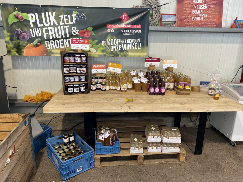 Bottles with jam and juice at the main building of the FrankenFruit fruit farm