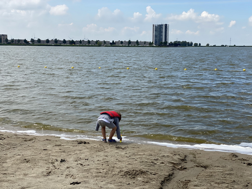 Max`s friend at the beach at the Binnenschelde lake, with a view on the Mayflower Holding building