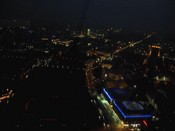 West side of the city with the Berlin Cathedral, the DDR Museum and the AquaDom & Sea Life Berlin building, viewed from the viewing point on top of the Fernsehturm tower, by night