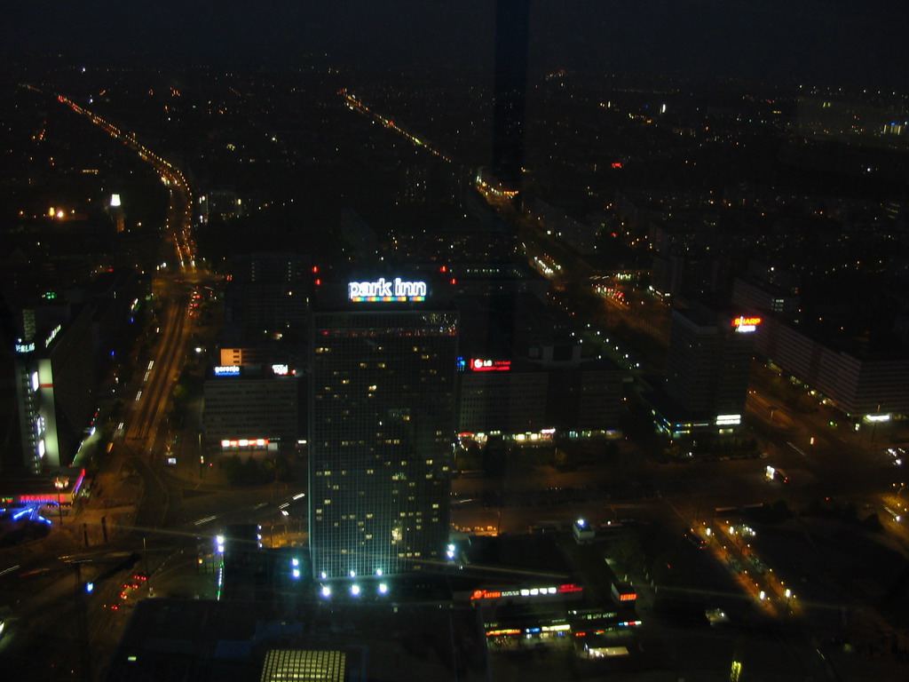 Northeast side of the city with the Park Inn by Radisson Berlin Alexanderplatz Hotel, viewed from the viewing point on top of the Fernsehturm tower, by night