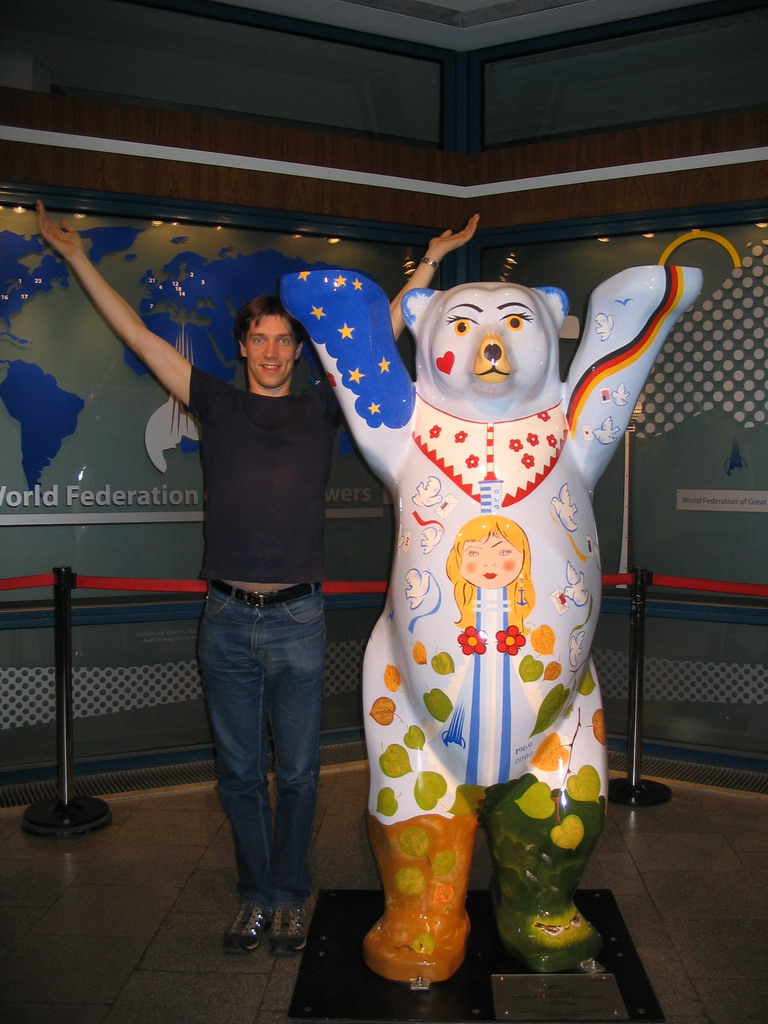 Tim with a United Buddy Bear statue at the Fernsehturm tower