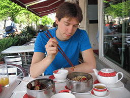 Tim having dim sum at the Good Friends restaurant at the Kantstraße street