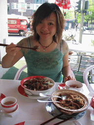 Miaomiao having dim sum at the Good Friends restaurant at the Kantstraße street