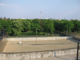 Remains of the Berlin Wall at the Bernauer Straße street, Memorial Park, the Friedhof Sophien II cemetery and the Fernsehturm tower, viewed from the top of the Gedenkstätte Berliner Mauer museum