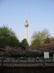 The Fernsehturm tower, viewed from the tour boat on the Spree river