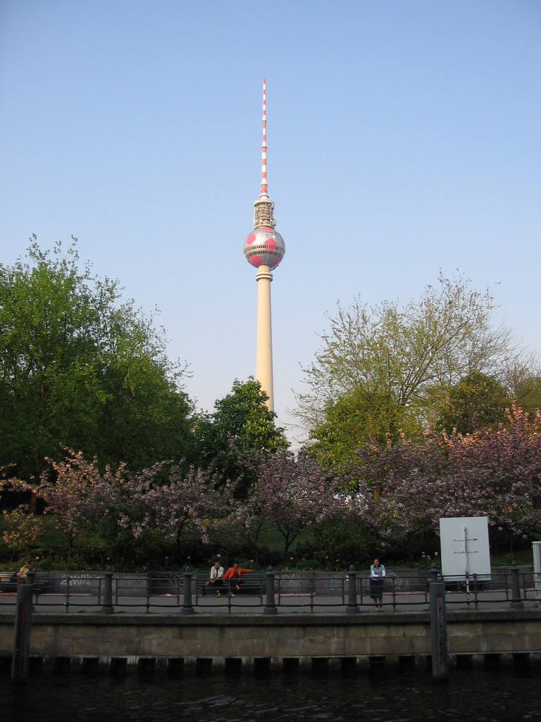 The Fernsehturm tower, viewed from the tour boat on the Spree river