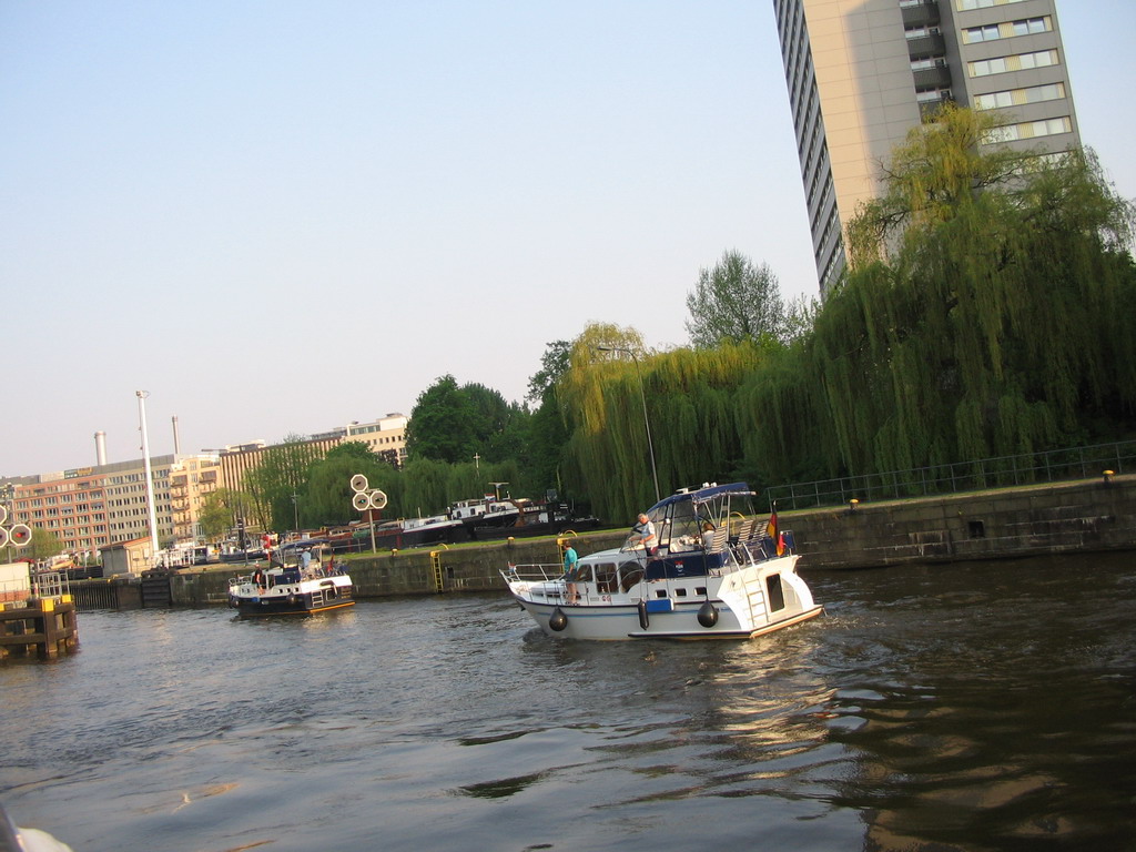 Boats on the Spree river and the southeast side of the Museum Island, viewed from the tour boat