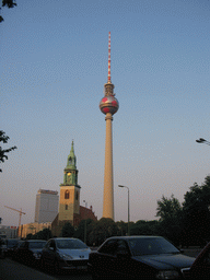 St. Mary`s Church and the Fernsehturm tower, viewed from the Karl-Liebknecht Straße street