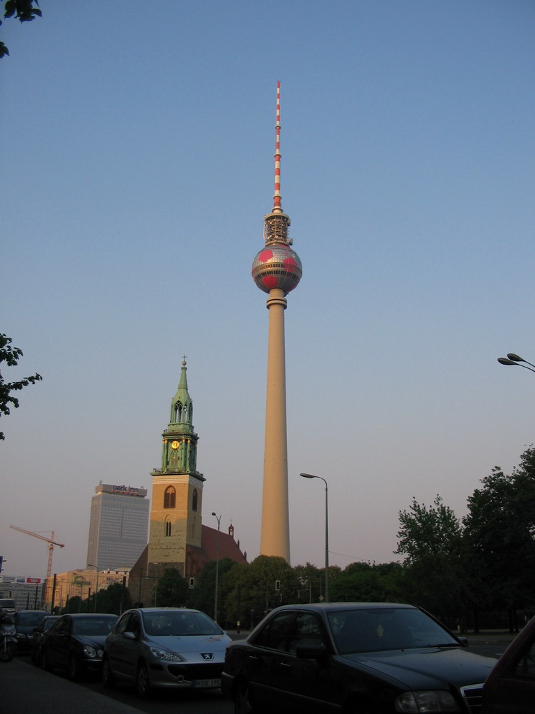 St. Mary`s Church and the Fernsehturm tower, viewed from the Karl-Liebknecht Straße street