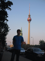 Tim at the Karl-Liebknecht Straße street, with a view on St. Mary`s Church and the Fernsehturm tower