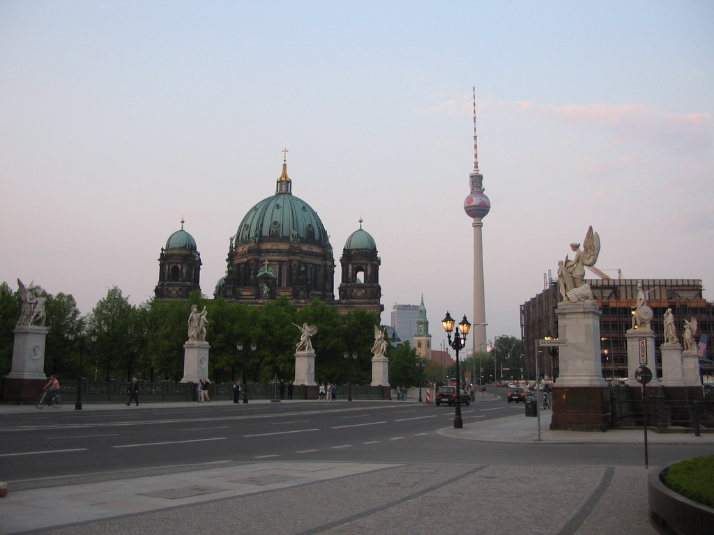 Bridge at the Unter den Linden street, the Berlin Cathedral, St. Mary`s Church and the Fernsehturm tower