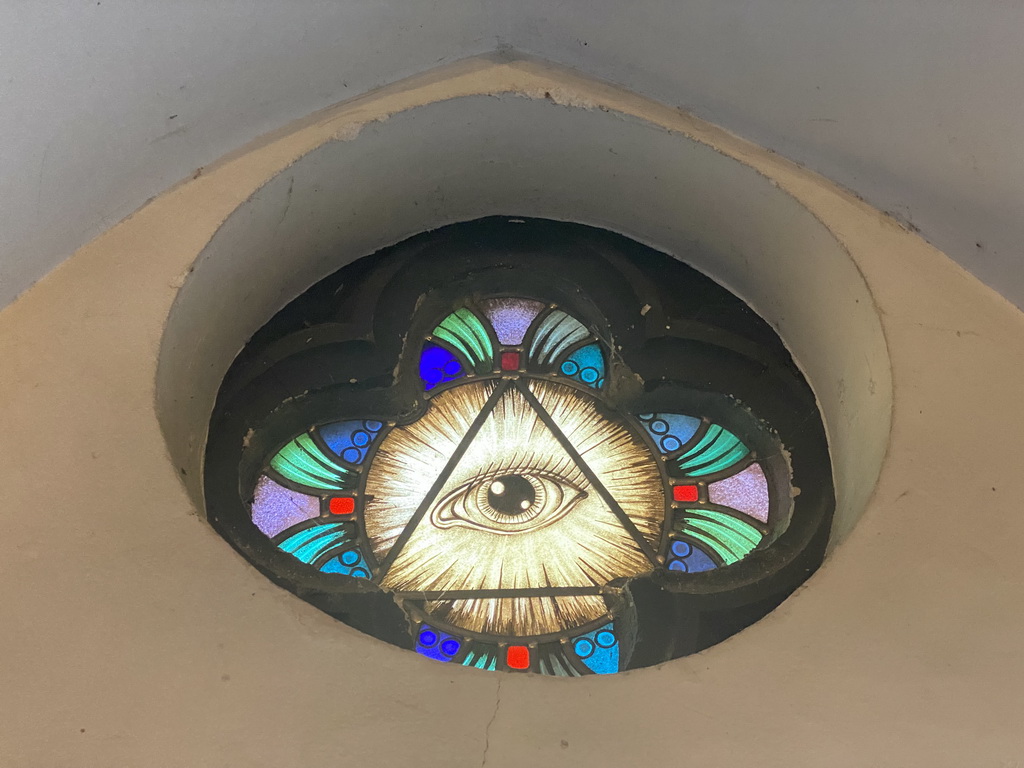 Stained glass window at the lobby of the Sint-Odulphuskerk church