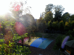 The trampoline at the Kasteelpark Born zoo and the tower of the Sint-Martinuskerk church, viewed from the watchtower